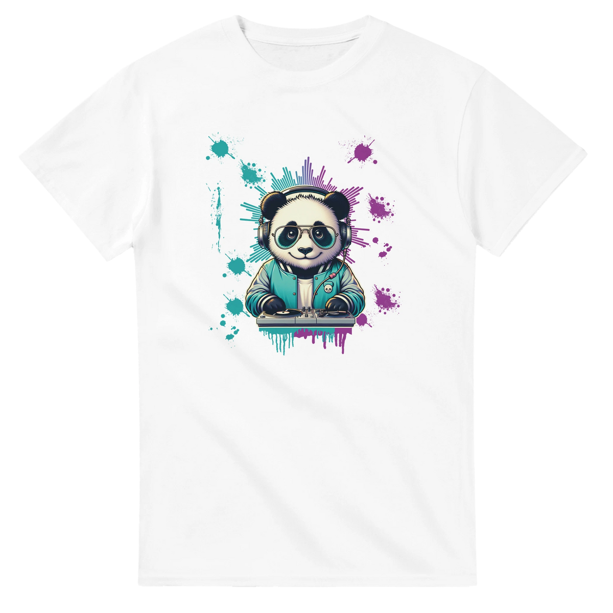 White men's t-shirt featuring a cool panda DJ with headphones and sunglasses mixing on turntables, surrounded by colorful teal and purple urban splatter art.