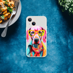 Colorful dog wearing yellow glasses on a transparent iPhone case for iPhone 13-16