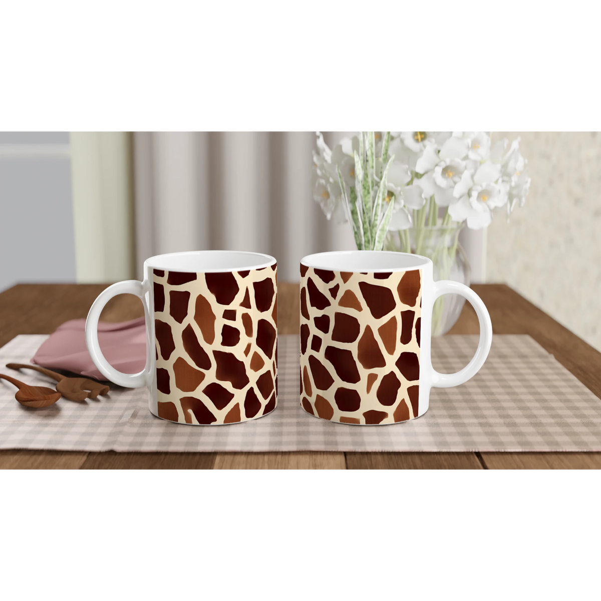 Two brown giraffe-print mugs with white handles on a table, Safari Animal Coffee Cup.