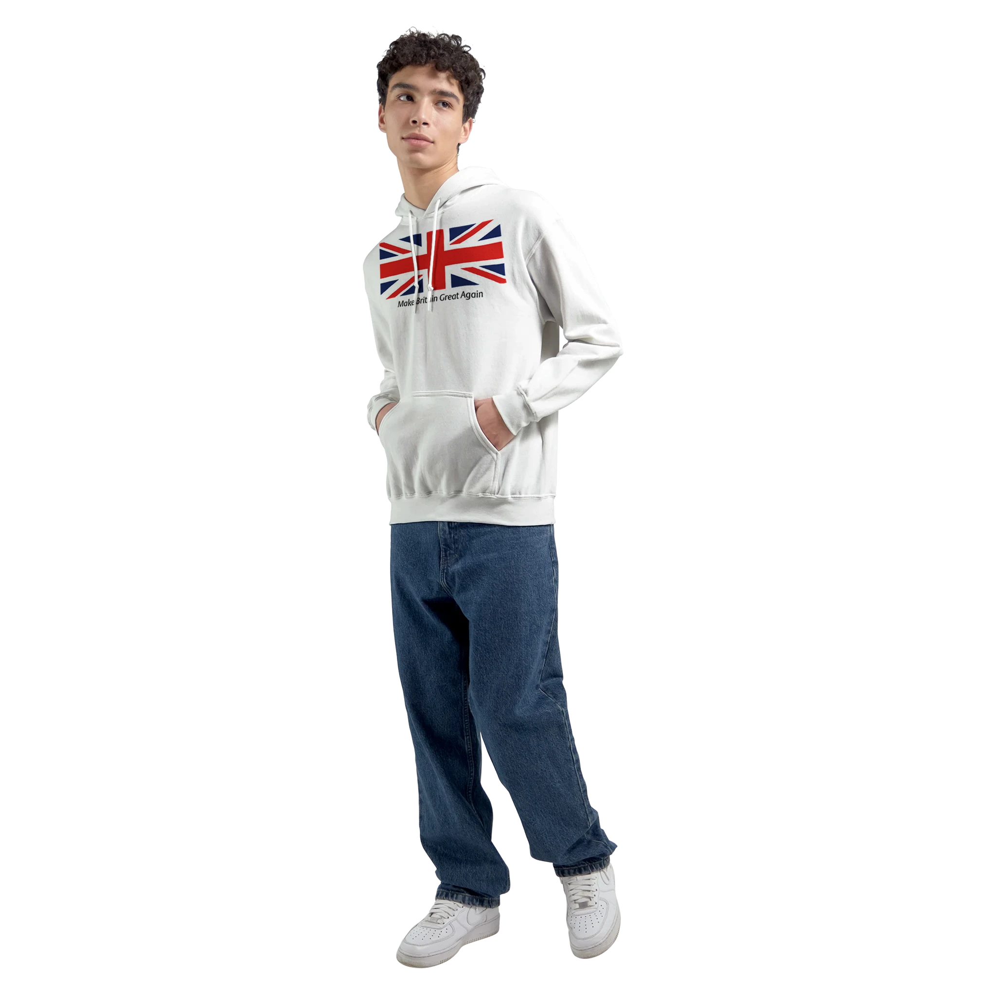 Male model in white Union Jack hoodie; 50/50 cotton-poly blend, sizes S–XL