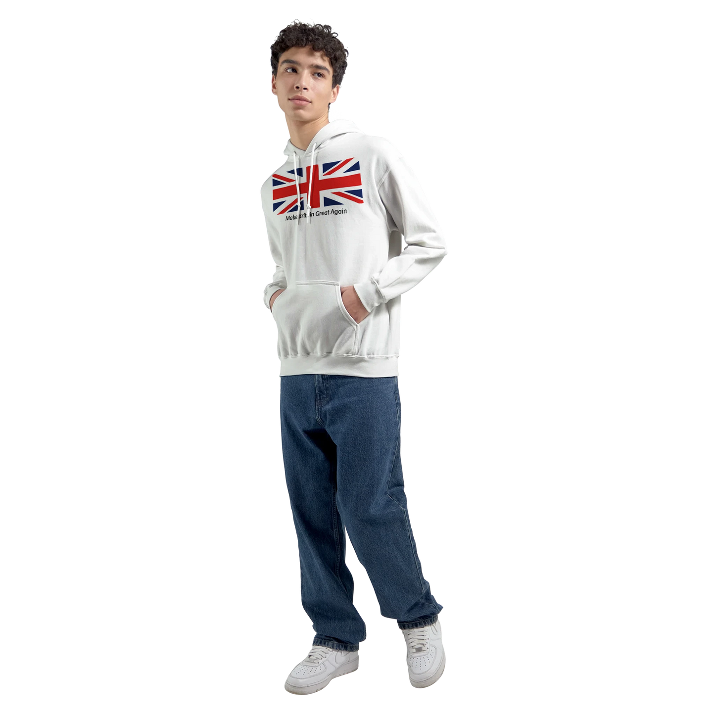 Person wearing a white men's union jack hoodie on a white background. 8