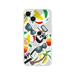 Clear iPhone case featuring a summer holiday sticker effect design with palm trees, vintage cameras, sunglasses, and cocktails.