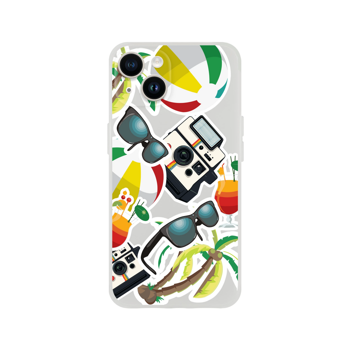 Clear iPhone case featuring a summer holiday sticker effect design with palm trees, vintage cameras, sunglasses, and cocktails.