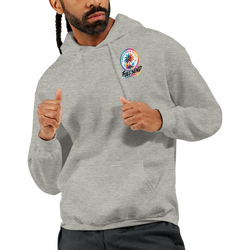 Grey men's streetwear hoodie with colorful Urban Palm Trees Full Send palm tree graphic and double-lined hood.