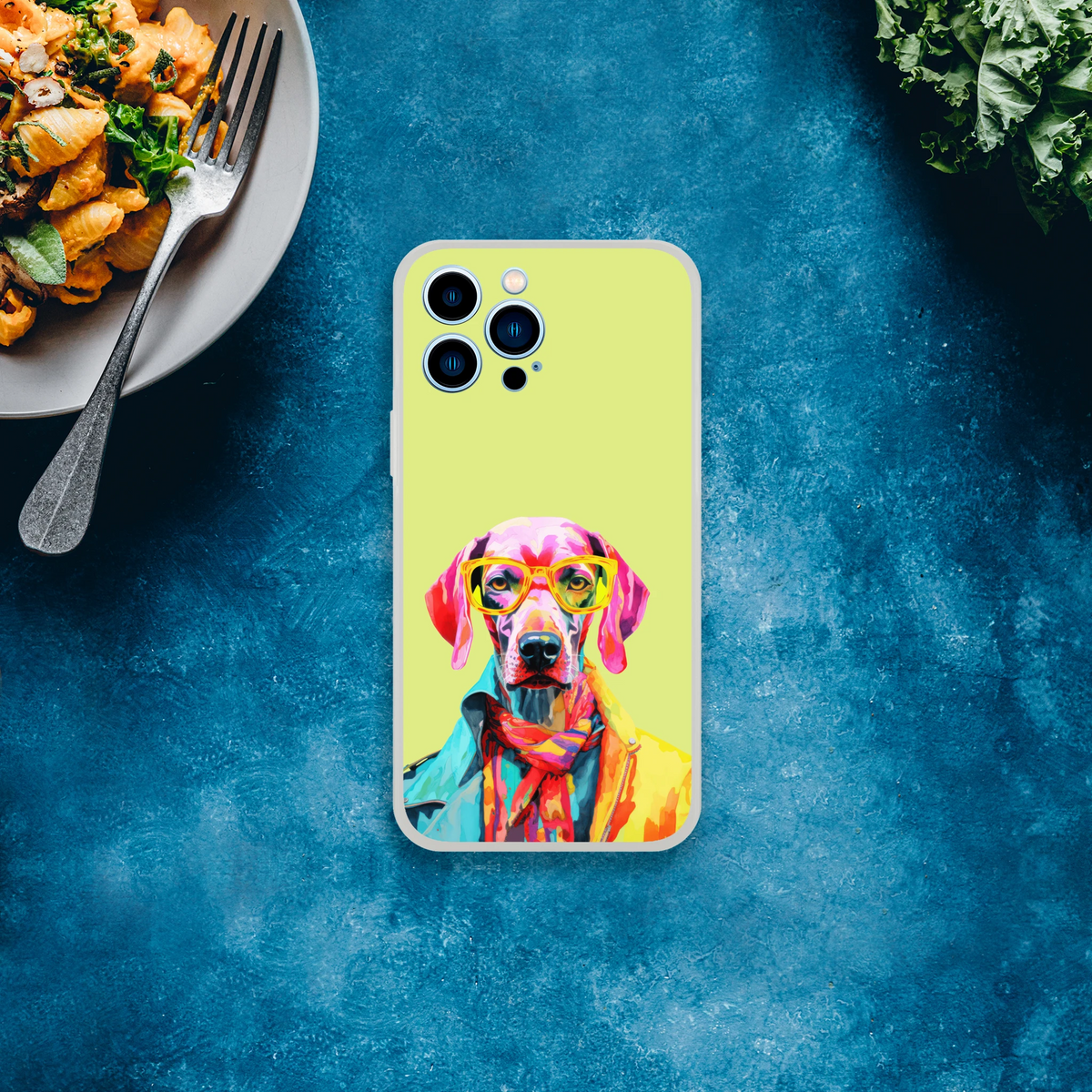 Funny Dog iPhone Case (13-16) lime green with colorful dog wearing sunglasses on blue background
