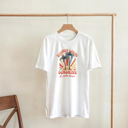 White women's cotton-blend tee with a palm trees graphic and sunburst summer design.