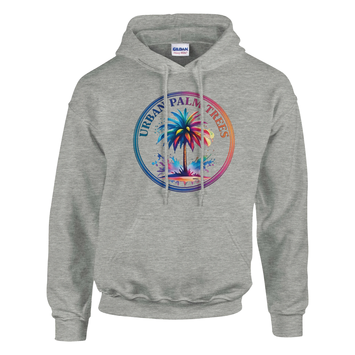 Grey hoodie with a vibrant circular palm tree design and the Urban Palm Trees text.