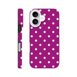 Purple and white polka dot tough iPhone case featuring dual-layer TPU construction for shock absorption and rugged defense on iPhone 13 through 16 models.