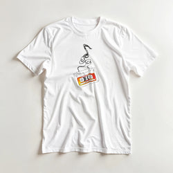 White men's t-shirt featuring a retro cassette tape graphic with unspooling black tape and 90s hits label.