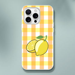 Lemon gingham iPhone case for iPhone 13-16 with yellow checks, lemon illustration, matte finish