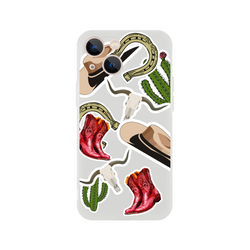 Western iPhone case featuring boots, cactus, horseshoe, and cowboy hat sticker graphics with shock-absorbing protection.