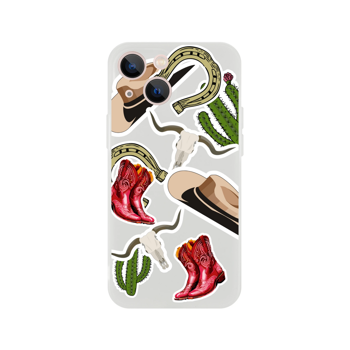 Western iPhone case featuring boots, cactus, horseshoe, and cowboy hat sticker graphics with shock-absorbing protection.