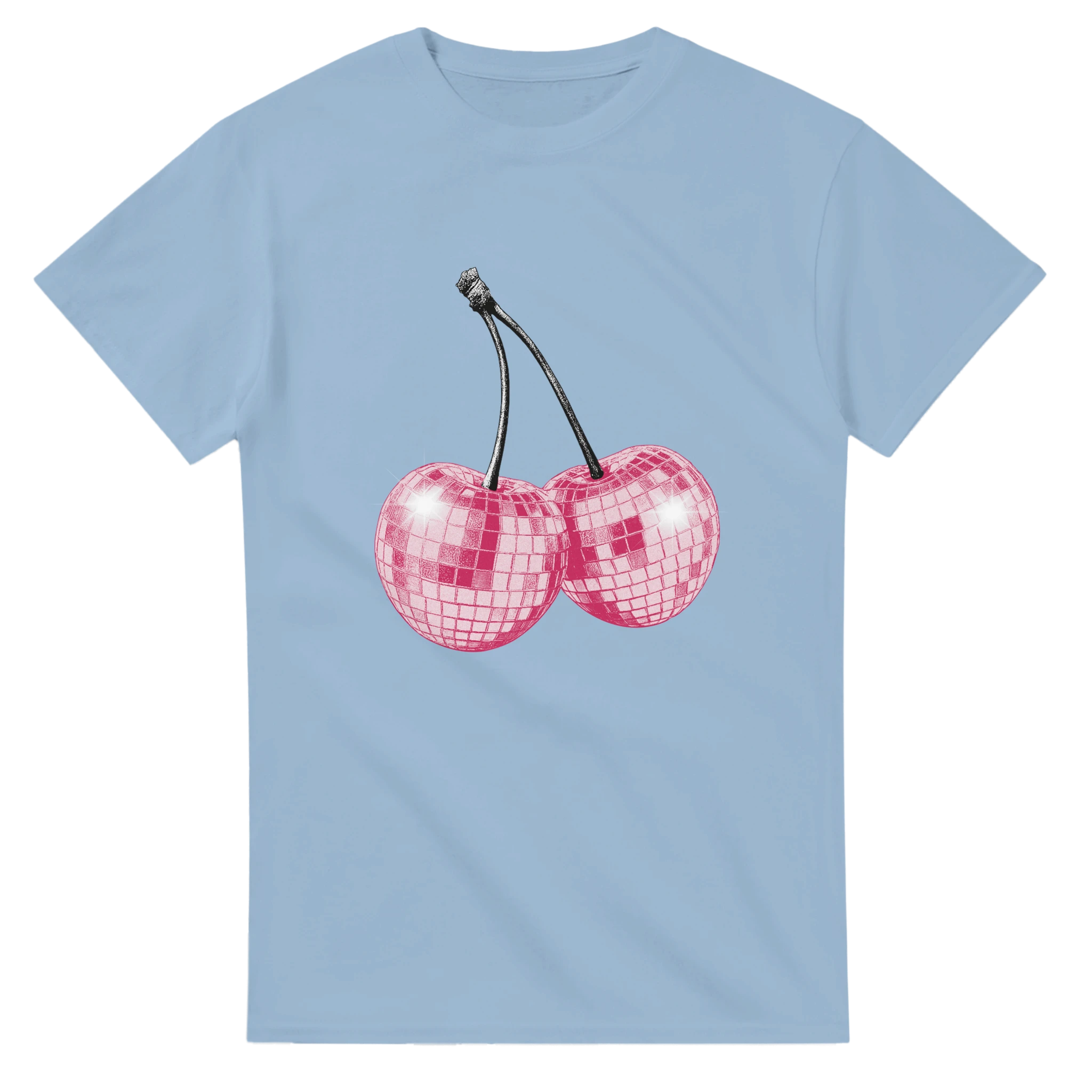 Glitter ball cherries graphic on light blue women's cotton-blend tee