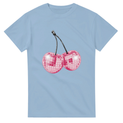 Glitter ball cherries graphic on light blue women's cotton-blend tee