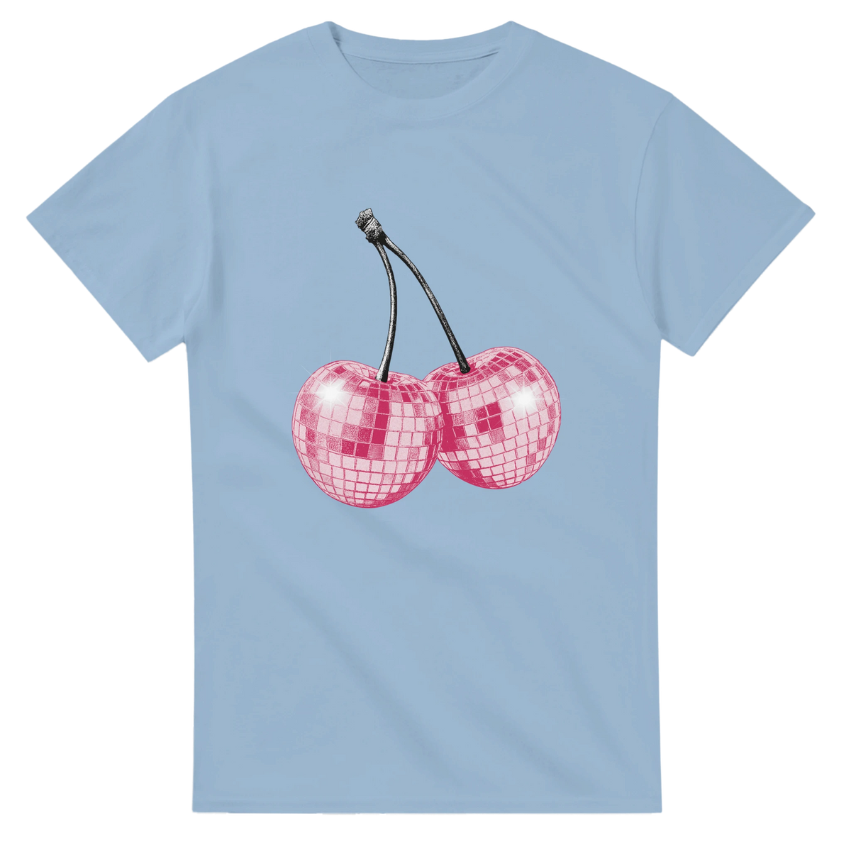 Glitter ball cherries graphic on light blue women's cotton-blend tee