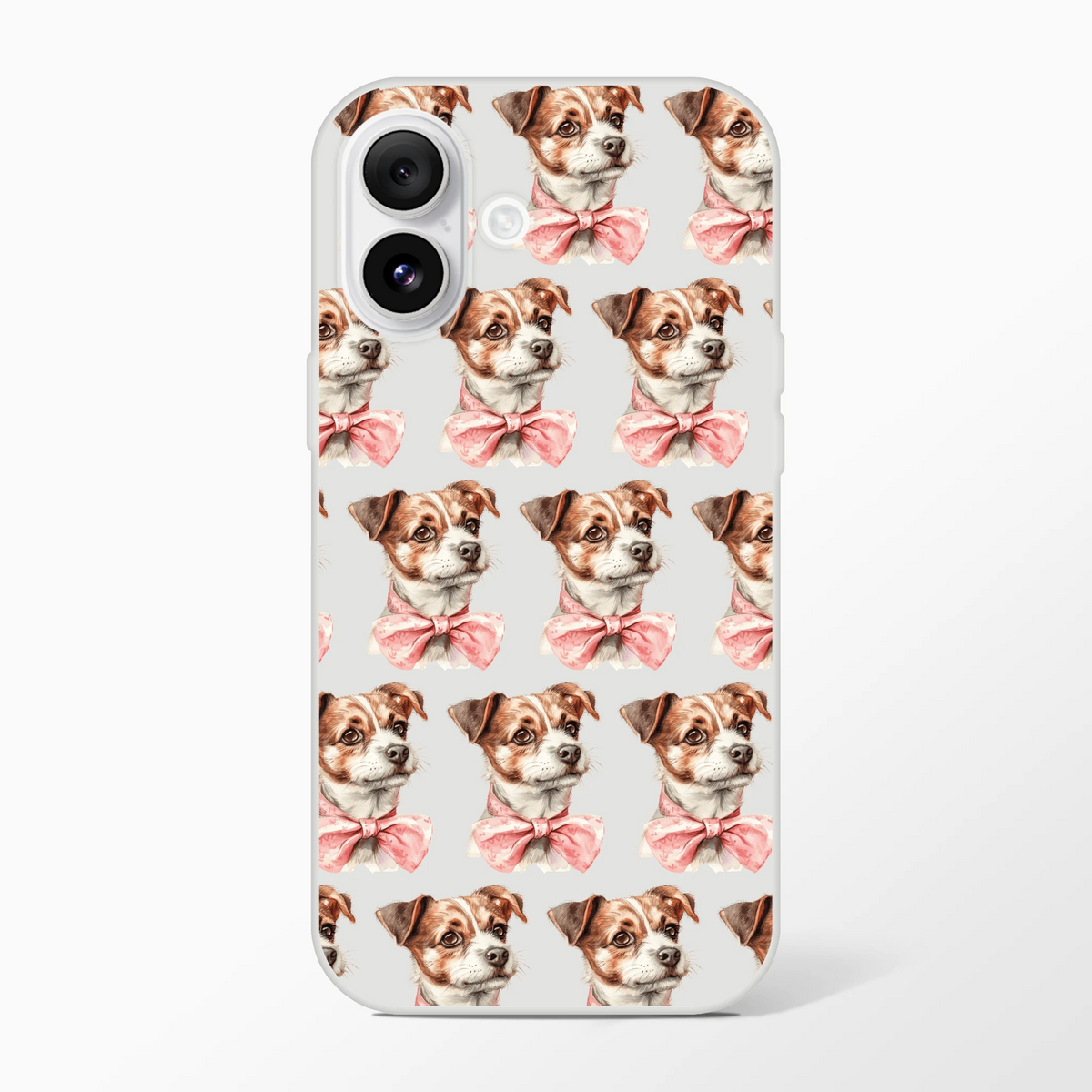 Transparent slim protective case for iPhone 13-16 with a repeating pattern of dog faces wearing pink bows.