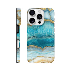Teal and gold marble iPhone case with blue agate pattern. Tough protective cover with gold veins for iPhone 13-16.