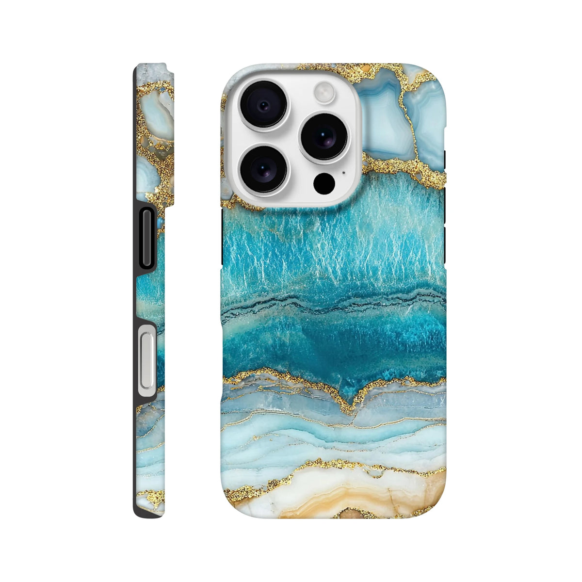 Teal and gold marble iPhone case with blue agate pattern. Tough protective cover with gold veins for iPhone 13-16.