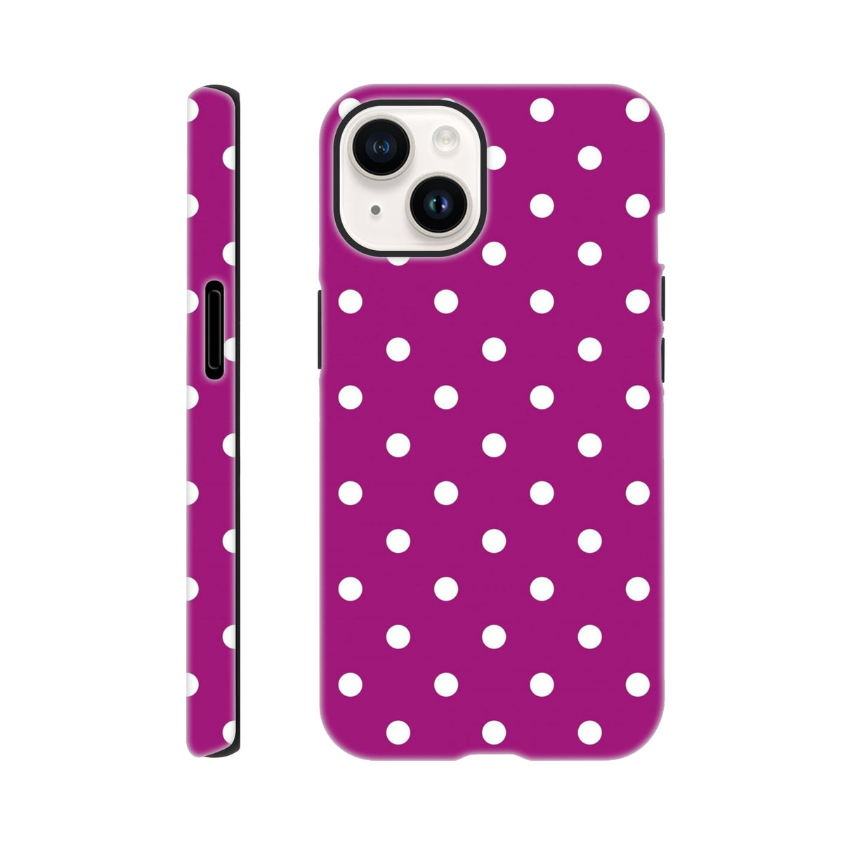 Purple and white polka dot tough iPhone case featuring shock-absorbing TPU protection for iPhone 13 through 16 models.