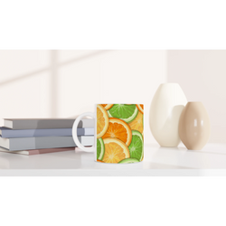 Cute Citrus Mug - Tropical Fruit Coffee Cup with orange and lime slice design.