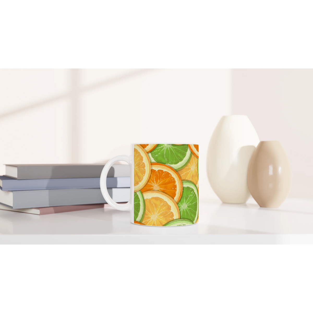 Cute Citrus Mug - Tropical Fruit Coffee Cup with orange and lime slice design.