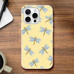 Yellow iPhone case (13-16) with blue dragonfly pattern on pale yellow background and triple-camera cutout
