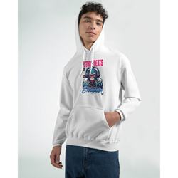 Monkey DJ men's graphic hoodie in white with pink/blue print, 50/50 cotton-poly blend, sizes S–XL.