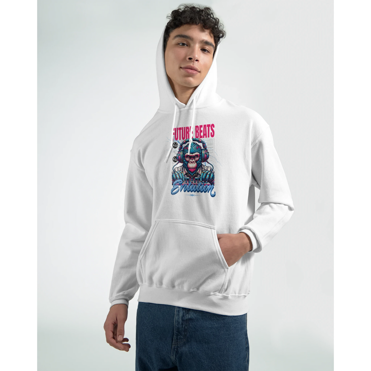 Monkey DJ men's graphic hoodie in white with pink/blue print, 50/50 cotton-poly blend, sizes S–XL.