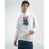 Monkey DJ men's graphic hoodie in white with pink/blue print, 50/50 cotton-poly blend, sizes S–XL.