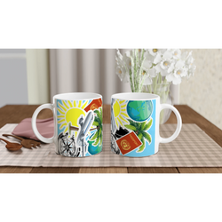 White ceramic travel mugs featuring colorful illustrations of a passport, compass, airplane, and tropical palm leaves on a wooden table.