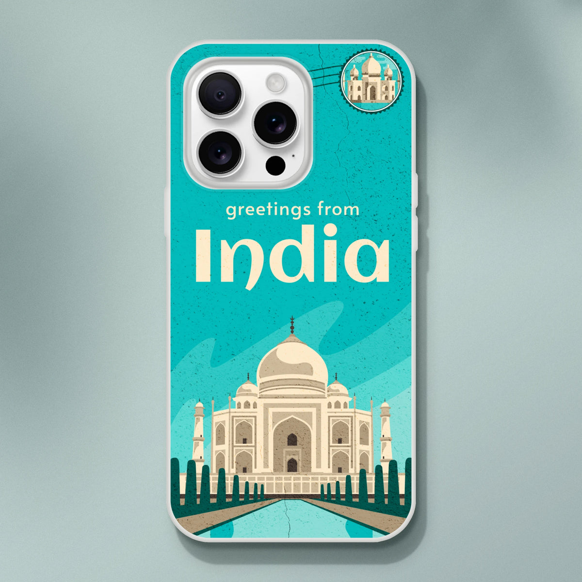 Vintage Postcard iPhone Case India Holiday Phone Cover with Taj Mahal motif on teal backdrop, protective shell