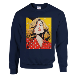 Navy blue sweatshirt featuring a retro pop art woman graphic in vintage comic style with bold colors and polka dots.