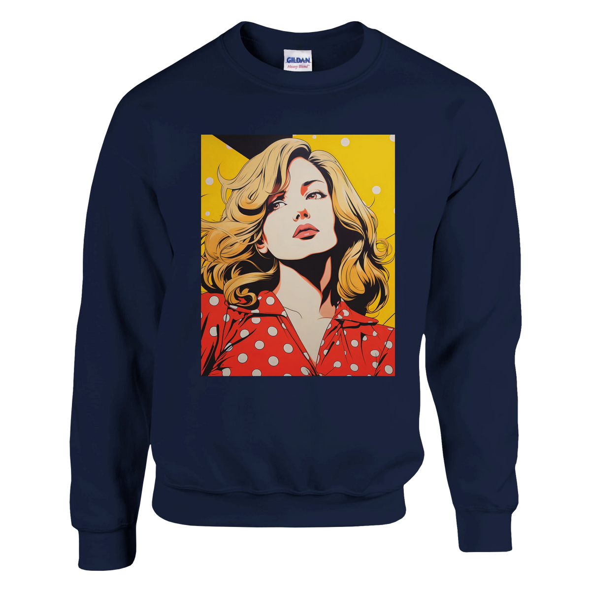Navy blue sweatshirt featuring a retro pop art woman graphic in vintage comic style with bold colors and polka dots.