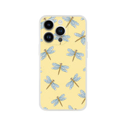 Yellow iPhone case with blue dragonfly pattern on pale yellow background, slim shell design.