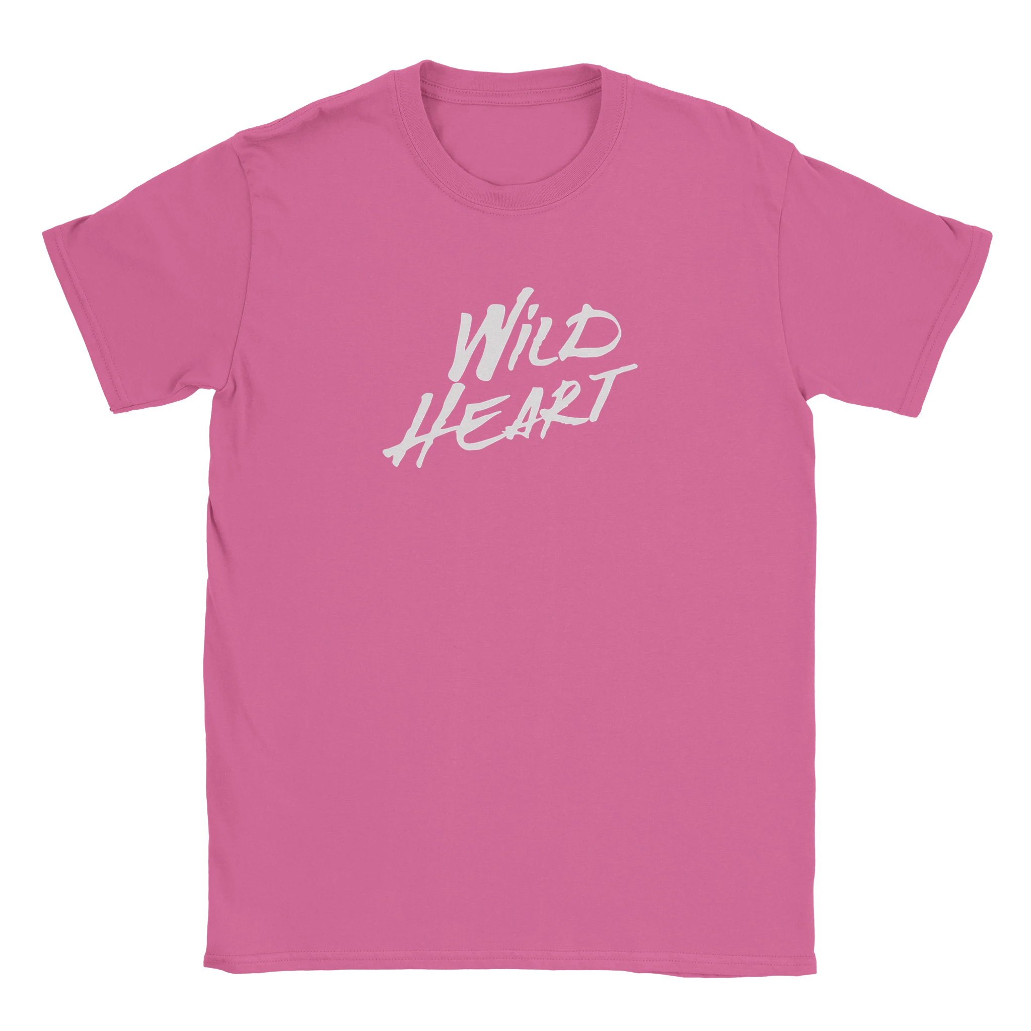 Pink women's T-shirt with a white Wild Heart retro slogan graphic.