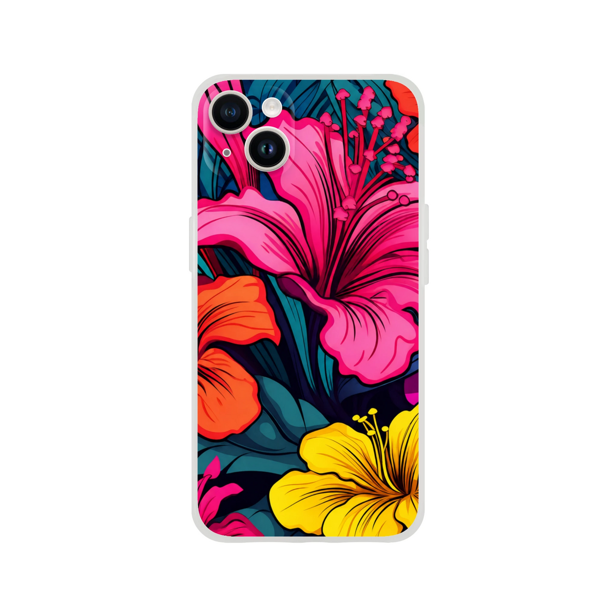 Colourful tropical hibiscus iPhone case for 13-16 with slim matte finish and vibrant floral print.
