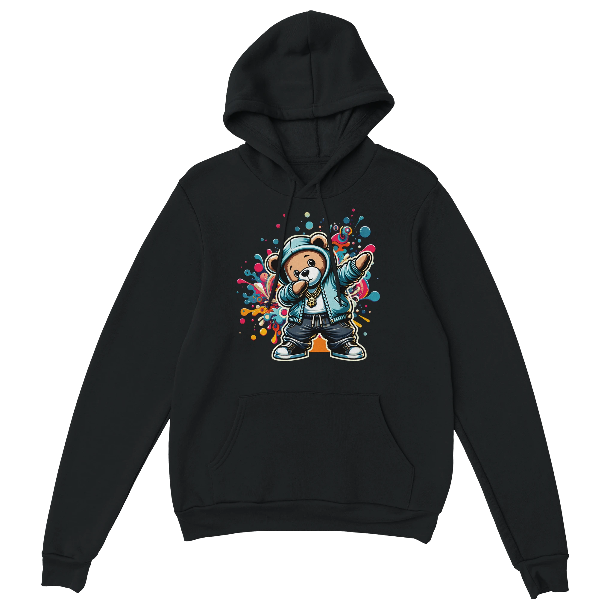 Black men's Dab Teddy Bear Hoodie with a bold colorful graffiti teddy graphic on front; 50/50 cotton-poly blend.