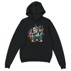 Black men's Dab Teddy Bear Hoodie with a bold colorful graffiti teddy graphic on front; 50/50 cotton-poly blend.