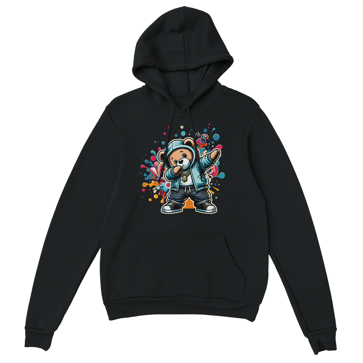 Black men's Dab Teddy Bear Hoodie with a bold colorful graffiti teddy graphic on front; 50/50 cotton-poly blend.