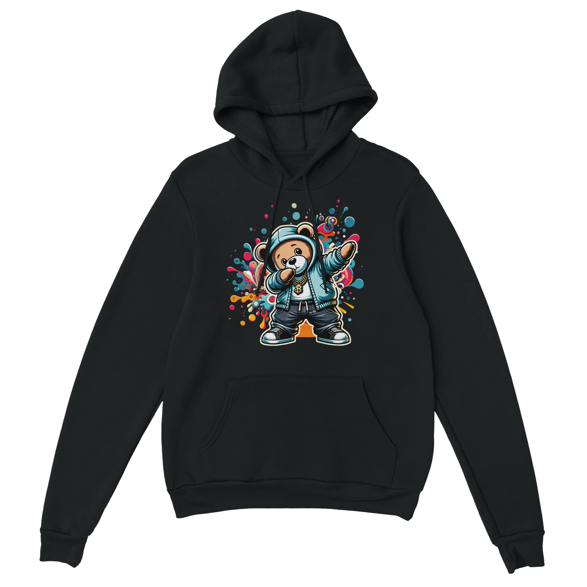 Black men's teddy bear hoodie with a colorful graphic of a bear holding a microphone on a white background. 9