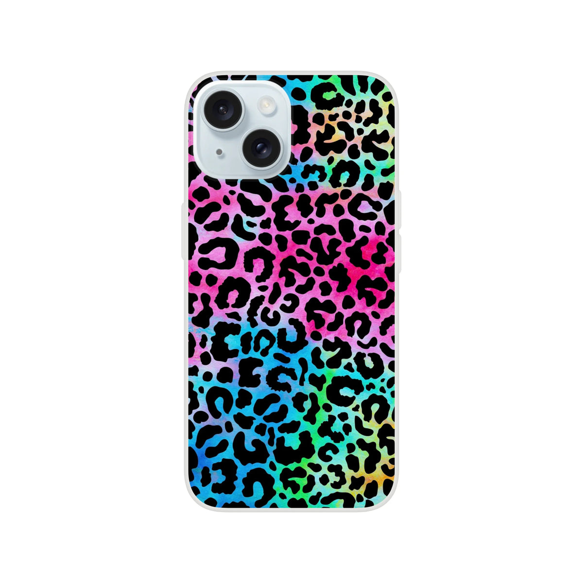 Rainbow animal print leopard iPhone case for iPhone 13-16 with a slim matte finish.