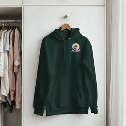Dark green men's streetwear hoodie with colorful Urban Palm Trees Full Send graphic, front pouch pocket, and drawstrings hanging in closet.