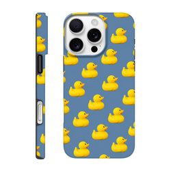 Blue iPhone case featuring an all-over pattern of cute yellow rubber ducks for a playful kawaii streetwear look.
