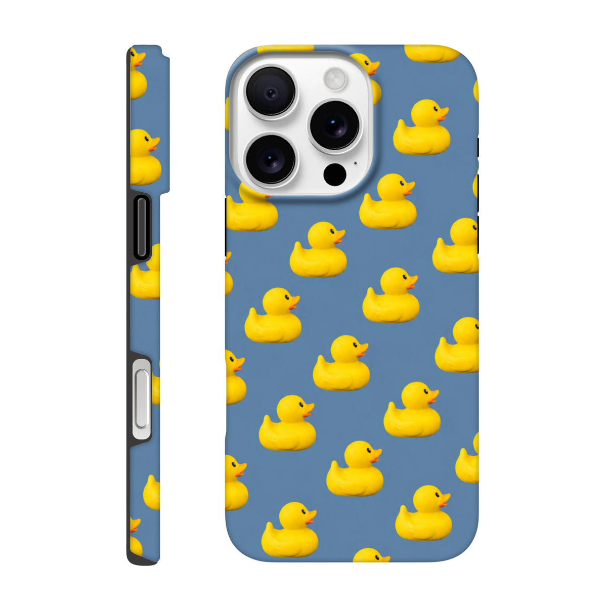 Blue iPhone case featuring an all-over pattern of cute yellow rubber ducks for a playful kawaii streetwear look.