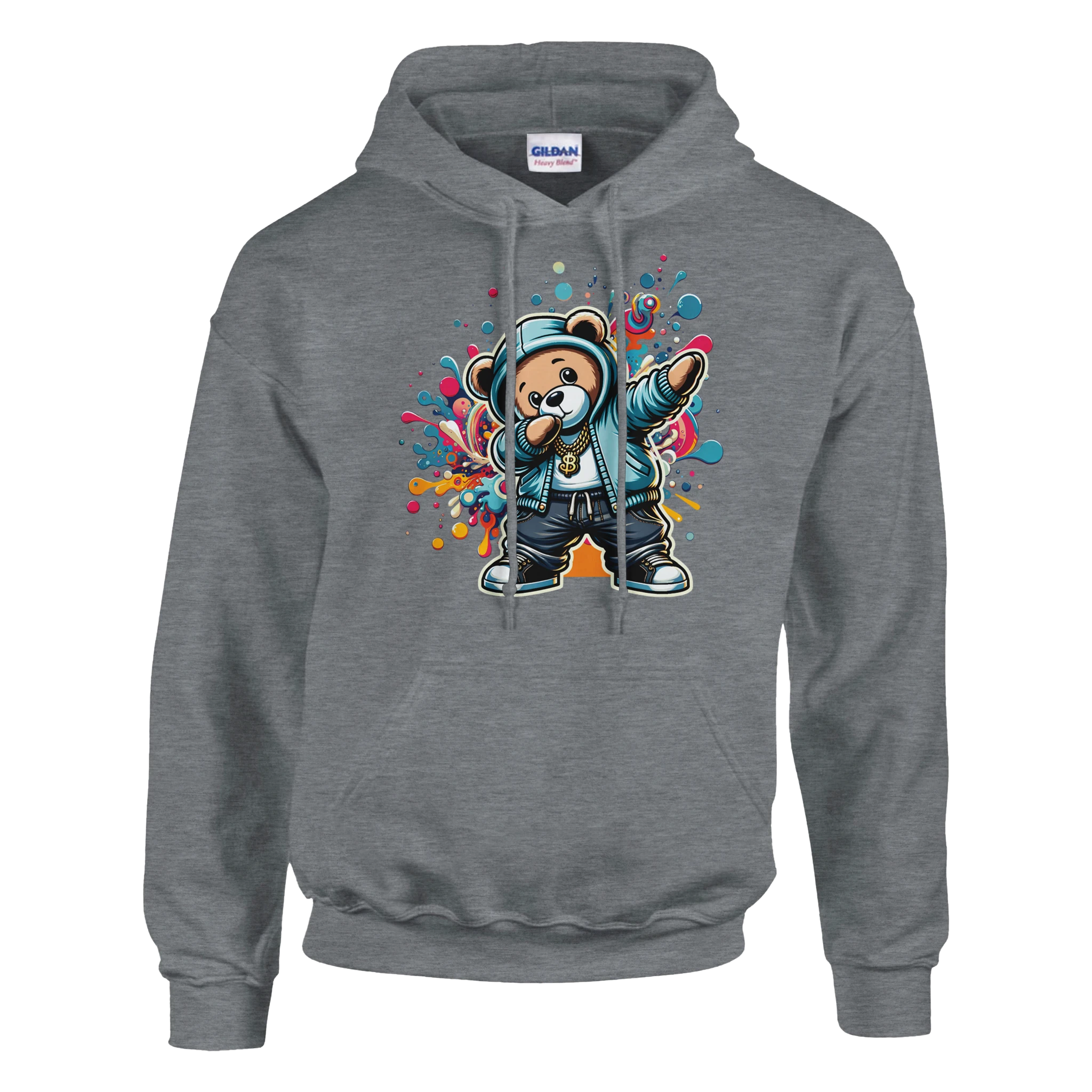 Grey Men's Dab Teddy Bear Hoodie featuring a teddy in a blue hoodie with colorful splash graphics.