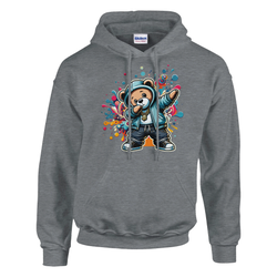 Grey Men's Dab Teddy Bear Hoodie featuring a teddy in a blue hoodie with colorful splash graphics.
