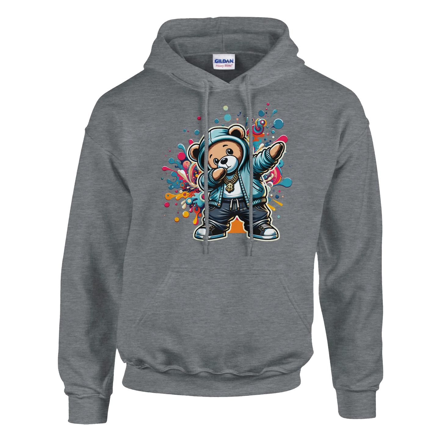 Gray men's teddy bear hoodie with a colorful bear graphic on a white background