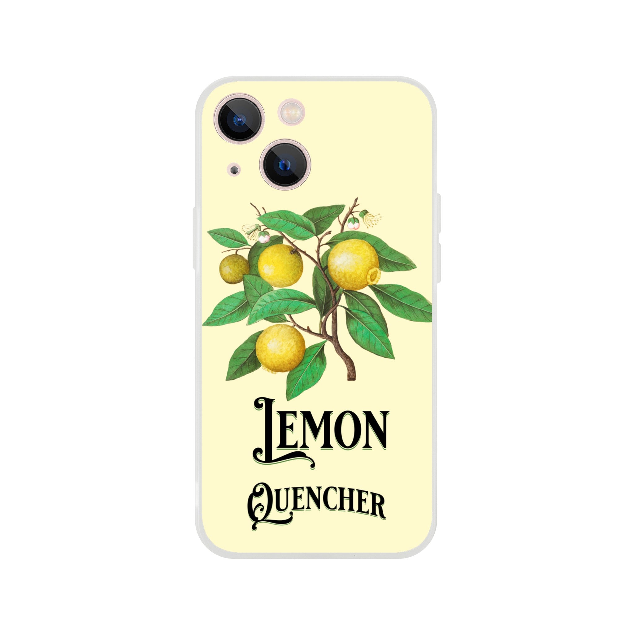 Lemons iPhone case with lemon branch illustration and Lemon Quencher text on pale yellow background.