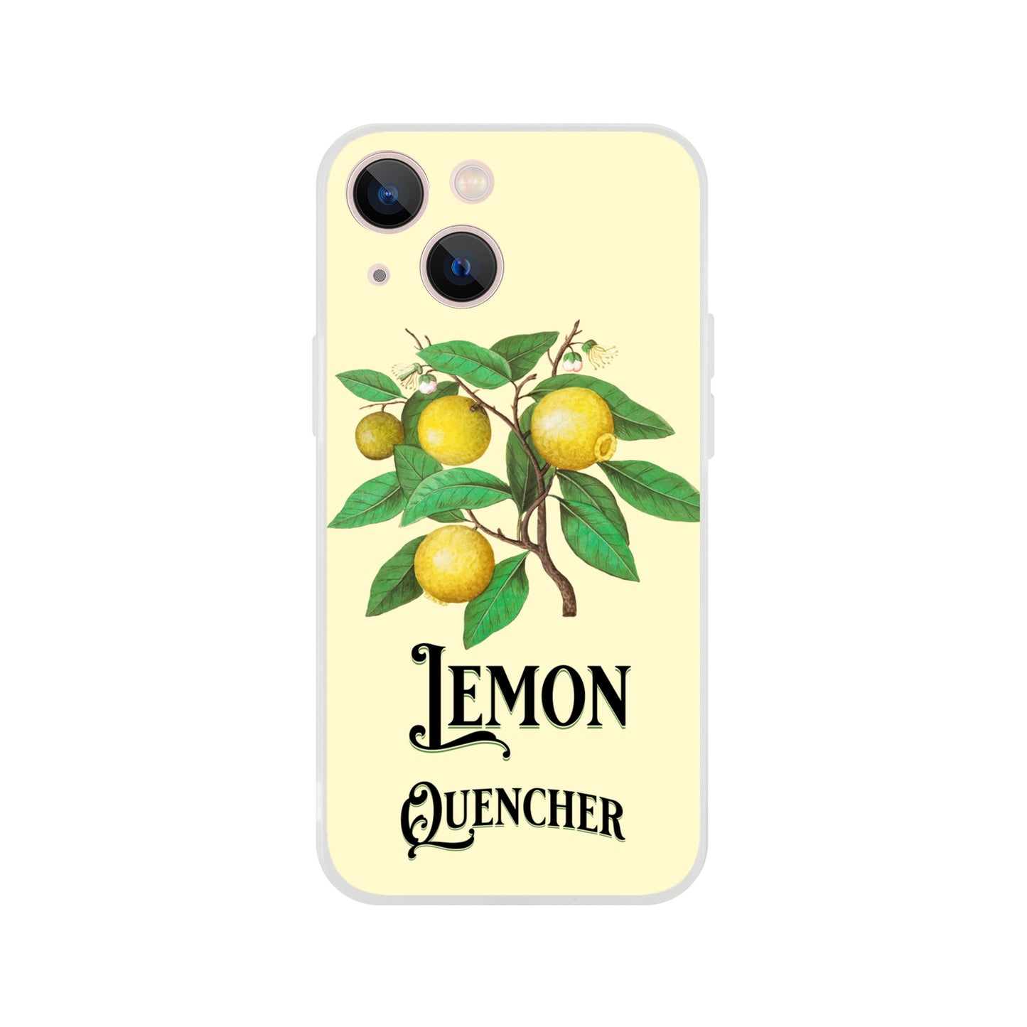 iPhone case with lemon design and 'Lemon Quencher' text on a yellow background 4