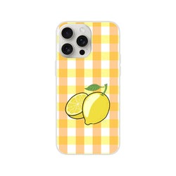 Yellow gingham lemon iPhone case for 13-16, slim matte finish with lemon illustration.
